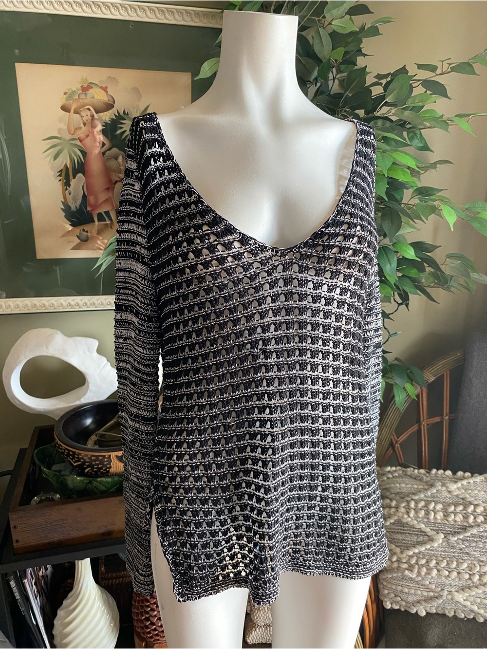 Helmut Lang Black & White Open-Weave V-Neck Sweater